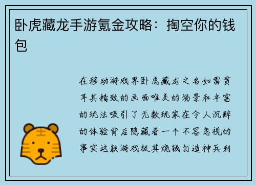 卧虎藏龙手游氪金攻略：掏空你的钱包